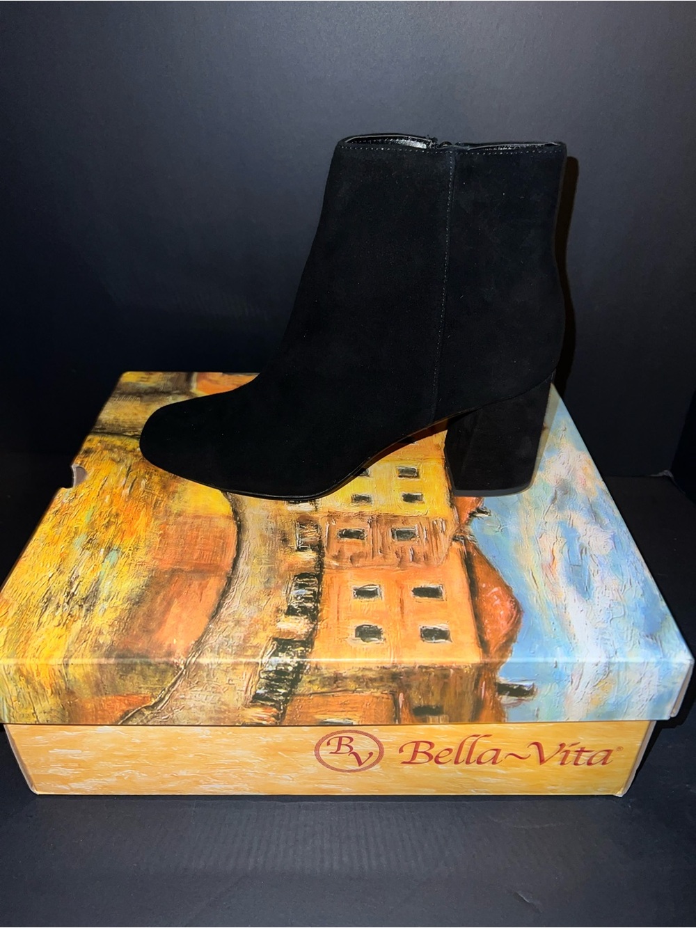 Bella Vita Black Suede Block Heel Ankle Boots